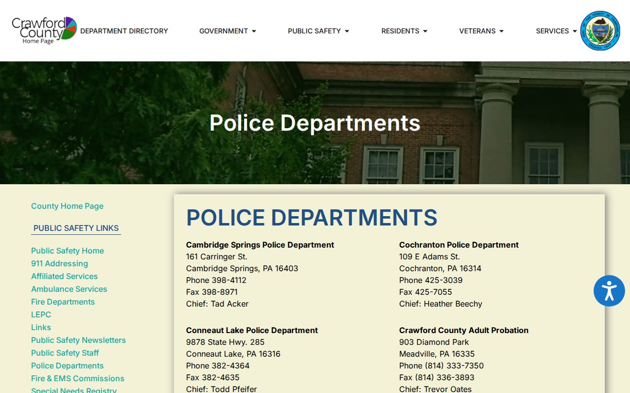 Crawford County official police directory for Cambridge Springs Police Department