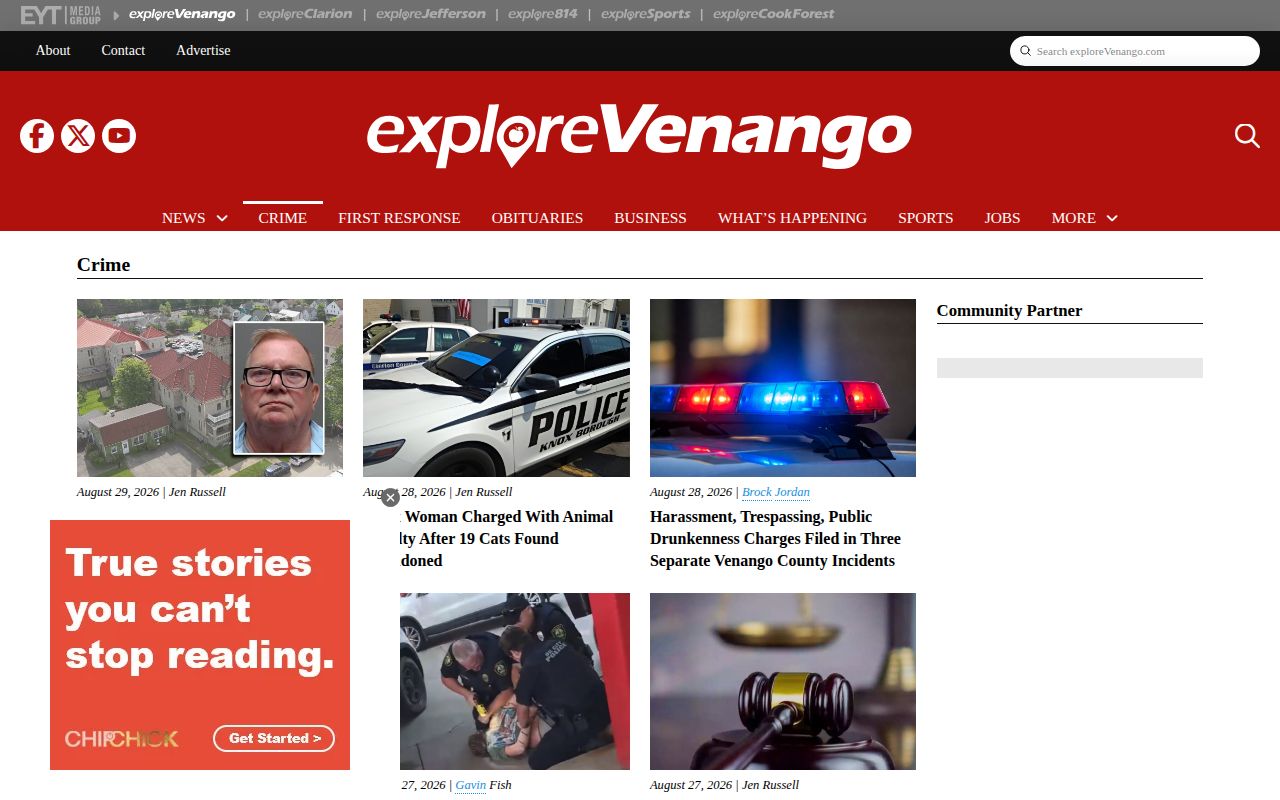 Crawford County crime news source showing the ExploreVenango regional crime section