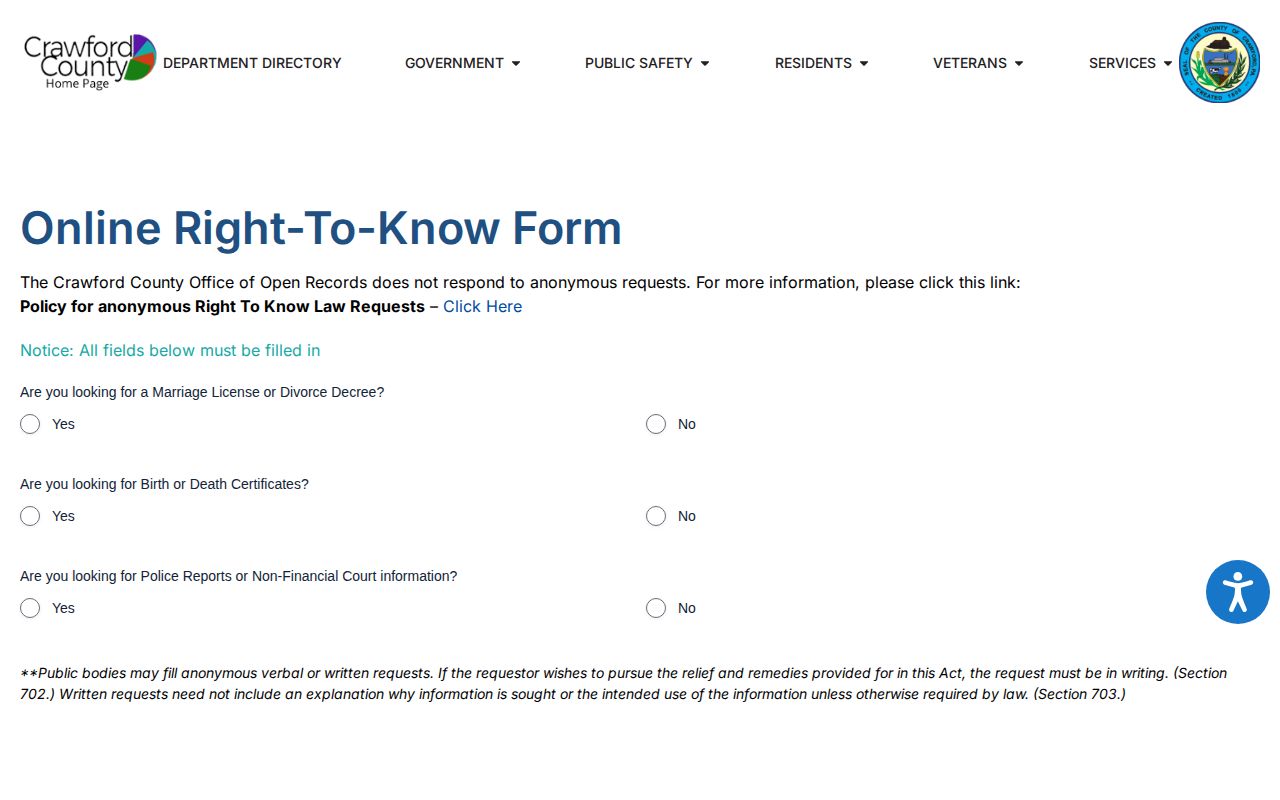 Crawford County booking record Right-to-Know request form